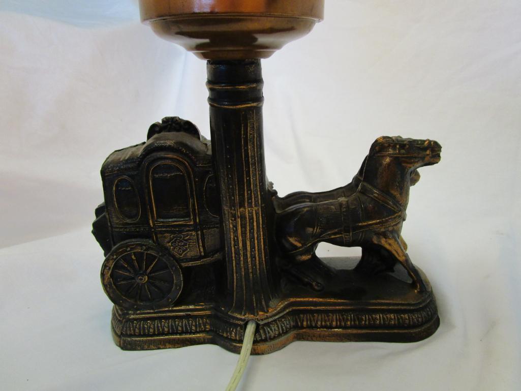 Vintage bronze-painted resin horse carriage lamp pink glass shade