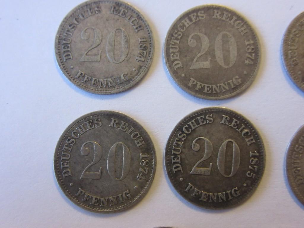 Lot of 11 .90 Silver 1873-1876 German Empire 20 Pfennig Coins