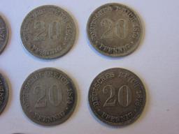 Lot of 11 .90 Silver 1873-1876 German Empire 20 Pfennig Coins