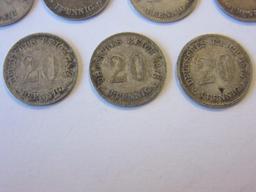 Lot of 11 .90 Silver 1873-1876 German Empire 20 Pfennig Coins