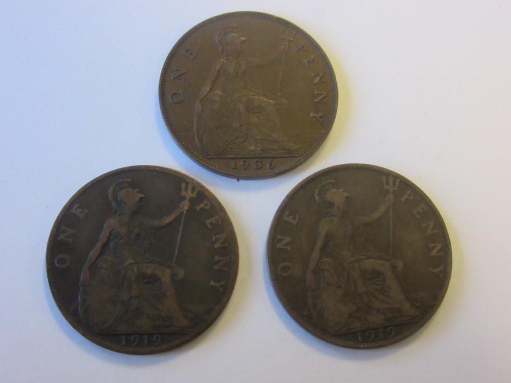 Lot of 3 King George V British Pennies 1919,1919,1936