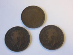 Lot of 3 King George V British Pennies 1919,1919,1936