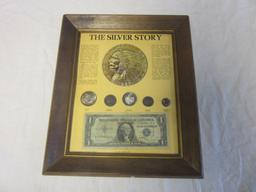 "The Silver Story" Framed Display Case Including Silver Coins, a Silver Certificate, and Silver