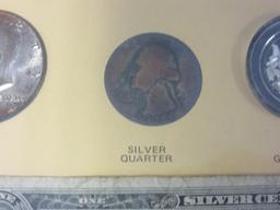 "The Silver Story" Framed Display Case Including Silver Coins, a Silver Certificate, and Silver