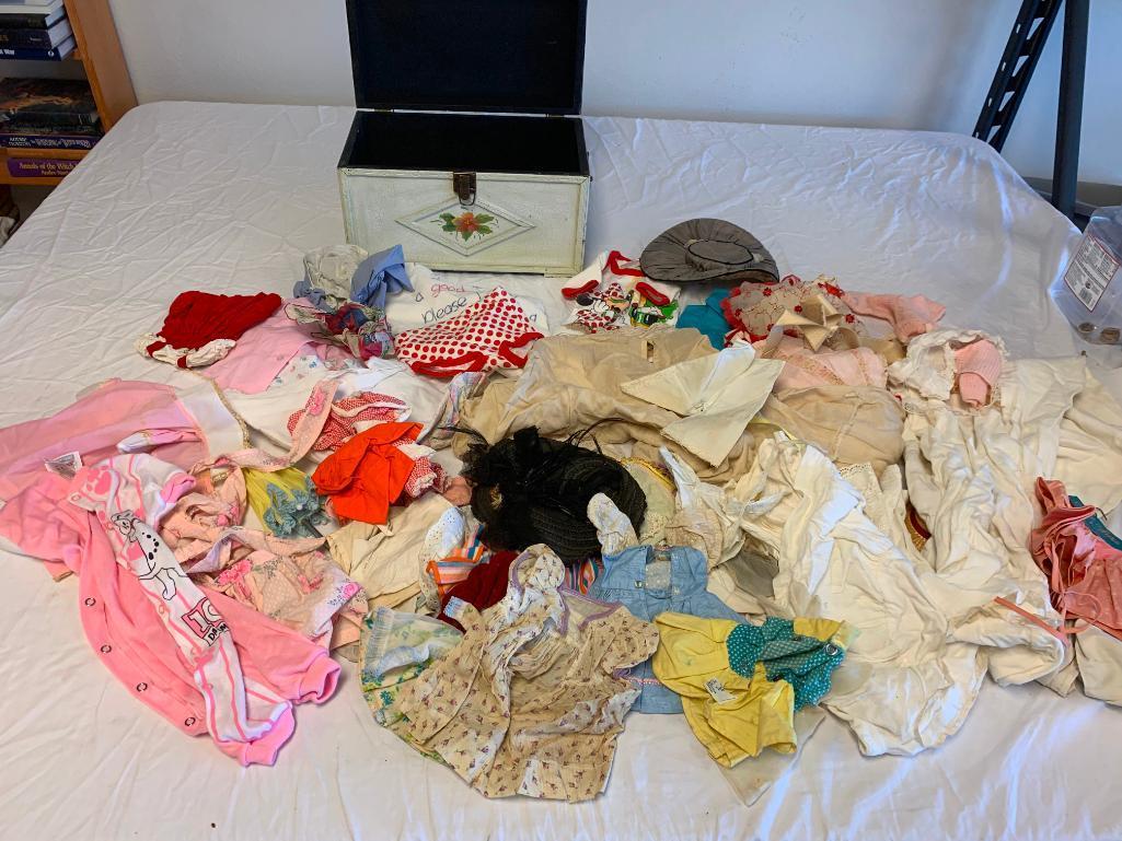 Large lot of vintage Baby Toddler Doll Clothing and lace material with storage box