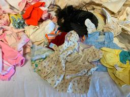 Large lot of vintage Baby Toddler Doll Clothing and lace material with storage box