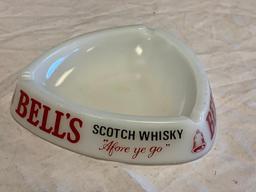 Vintage White Glass Triangular Bell's Scotch Whiskey Ashtray - "Afore Ye Go"