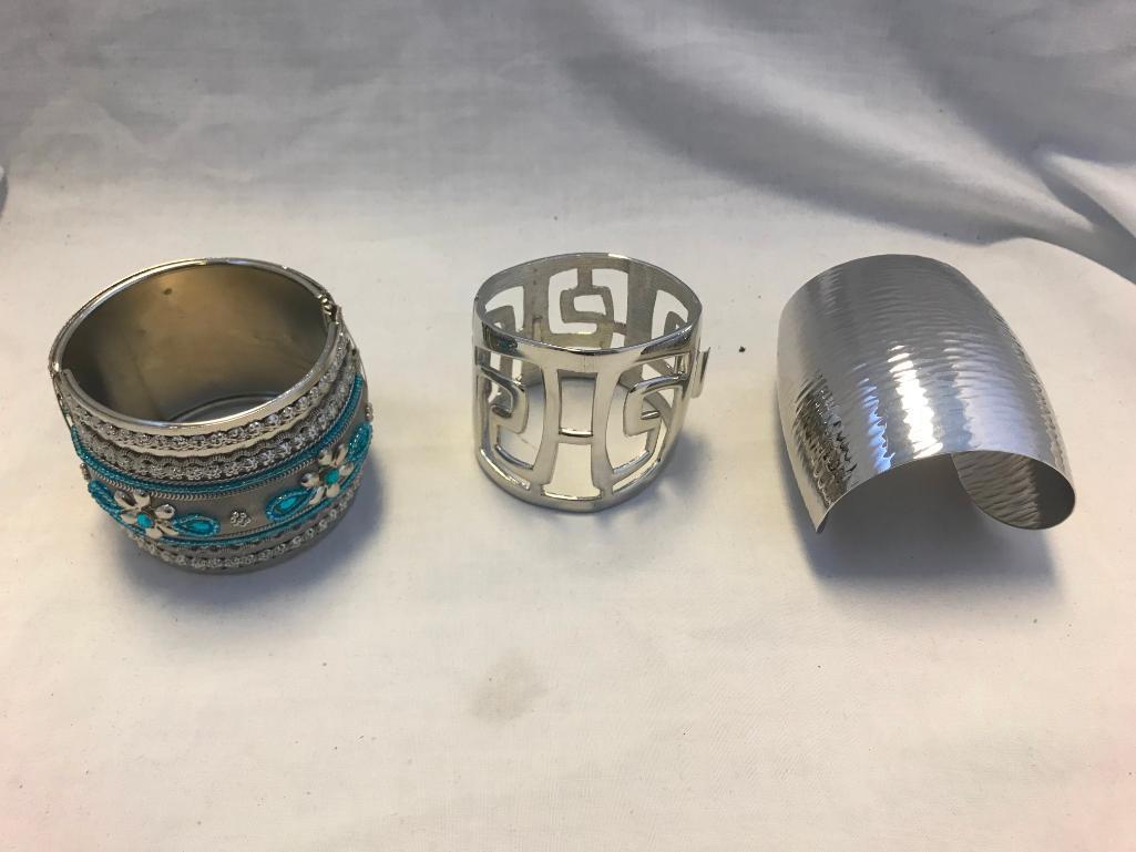 Lot of 3 Silver-Tone Cuff Bracelets