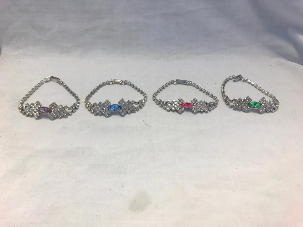 Lot of 4 Silver-Tone Rhinestone Bracelets w/ Center Stone