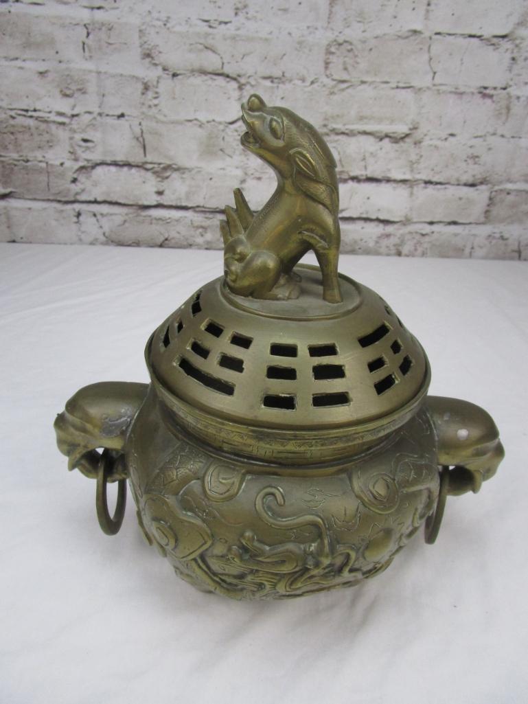 Brass covered pot with mythical Chinese dog