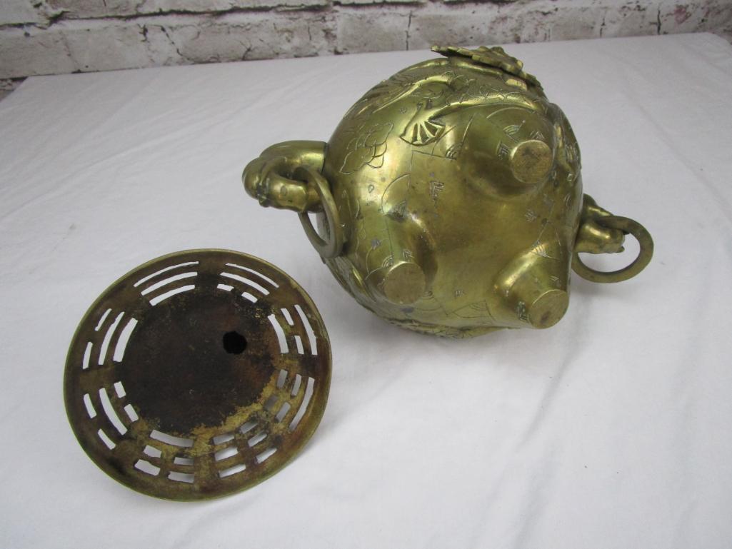 Brass covered pot with mythical Chinese dog