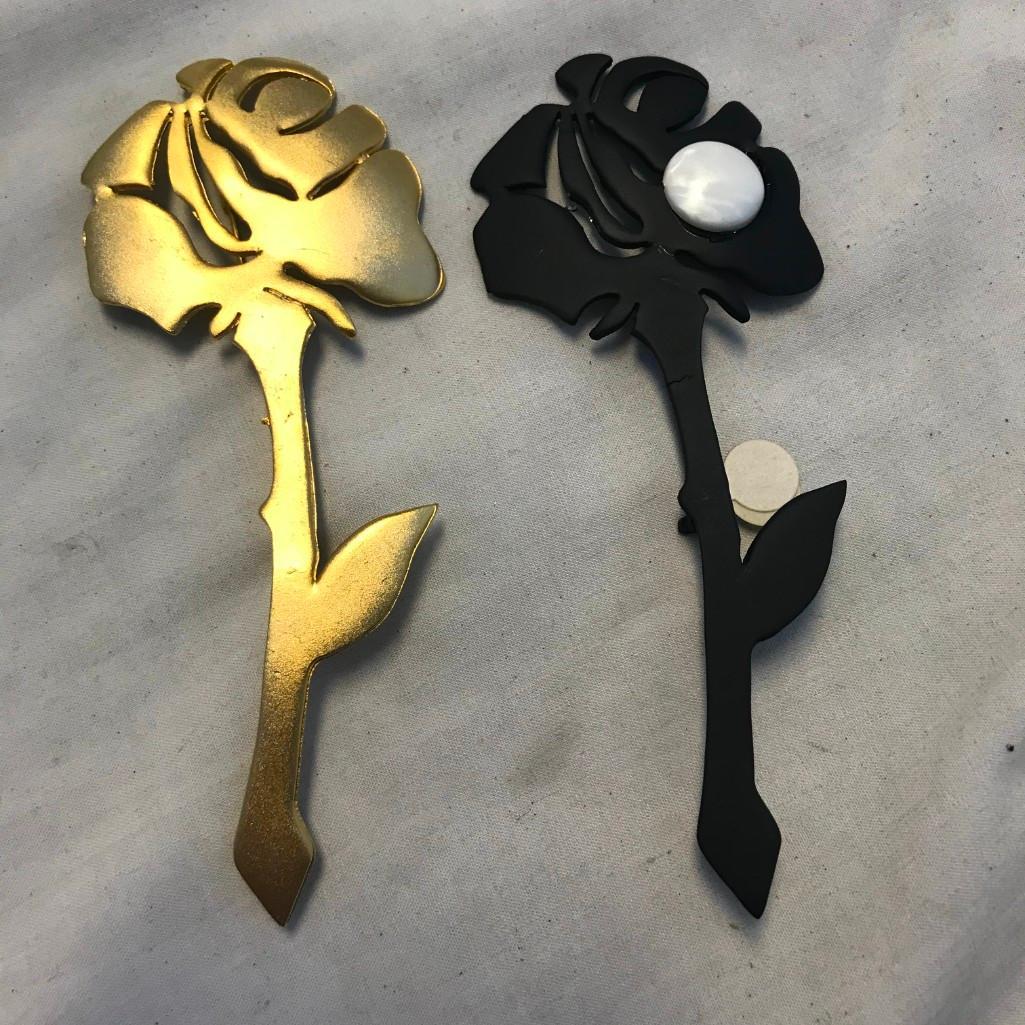 Lot of 2 Large Gold-Tone and Black Rose Brooches