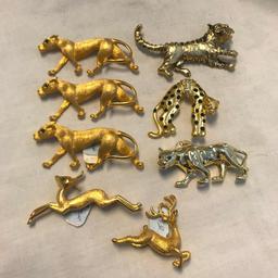 Lot of 8 Gold-Toned Animal Brooches