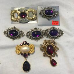 Lot of 7 Gold-toned Brooches with Colorful Center Stones