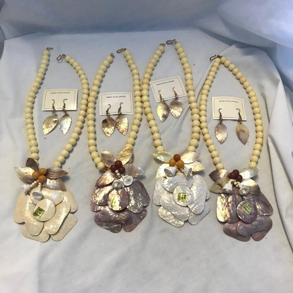 Lot of 4 Wooden Bead and Shell Necklace and Earring Sets