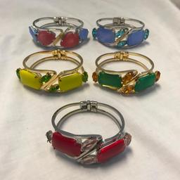 Lot of 5 Similar Style Bracelets with Colorful Center Rhinestones