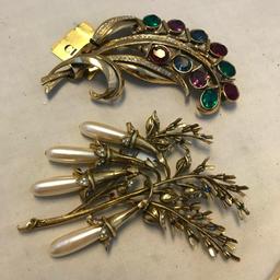Lot of 8 Gold-Toned Brooches with Colorful Stone Accents and Embellishments