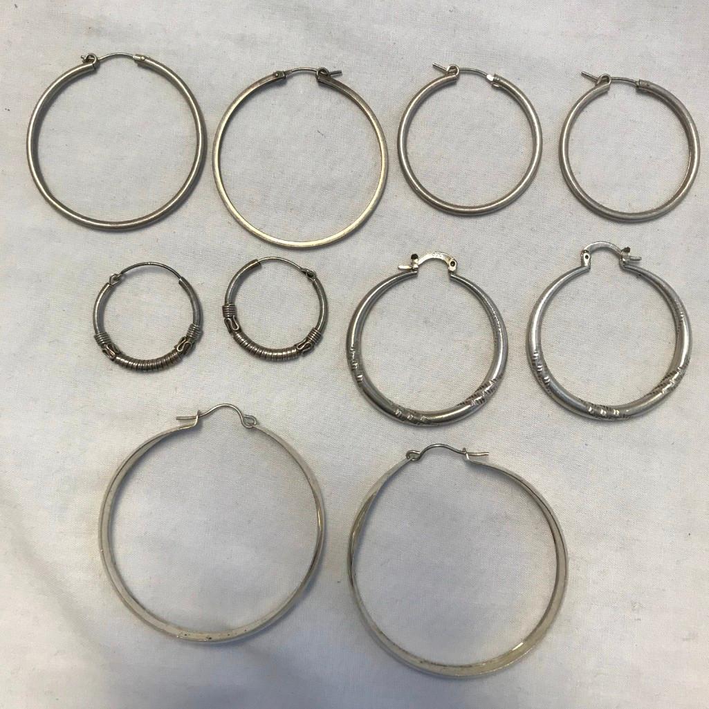 Lot of 5 Sterling Silver Hoop Earring Pairs