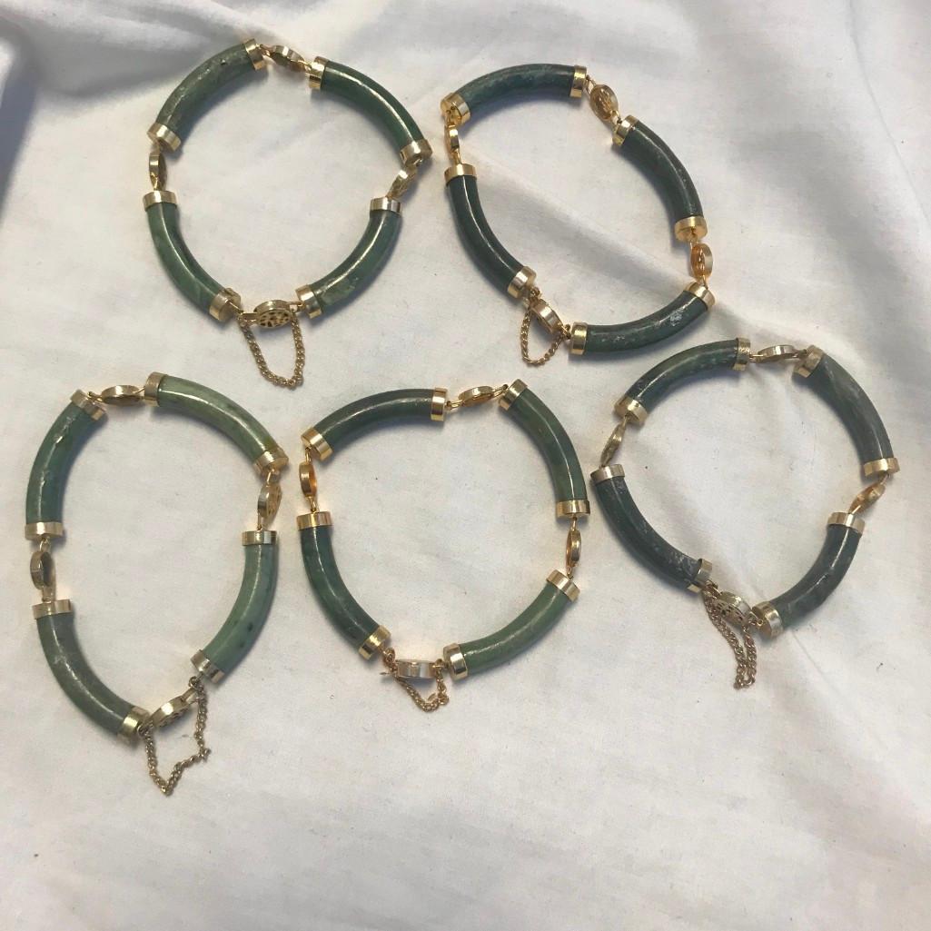 Lot of 5 Identical Jade Stone Bracelets with Gold-Toned Accents/Detail