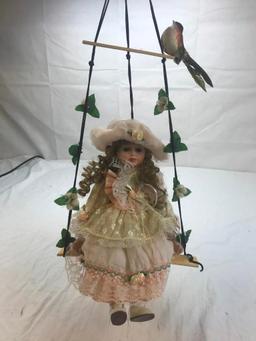 25" Tall Porcelain Girl Doll on Hanging Bench