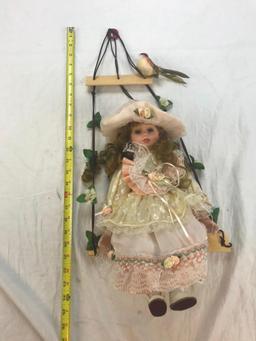 25" Tall Porcelain Girl Doll on Hanging Bench