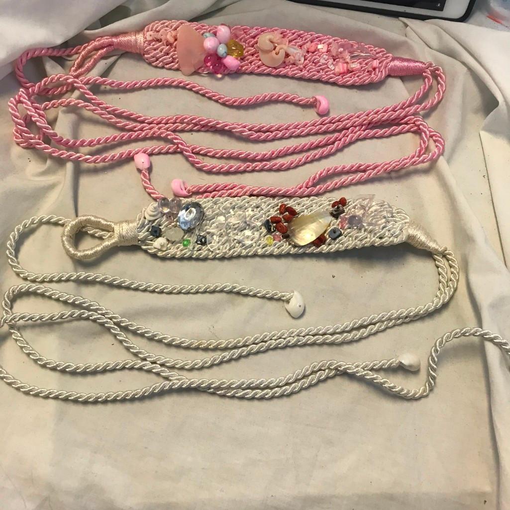 Lot of 2 Pink and White Rope Belts with Shell and Bead Embellishments