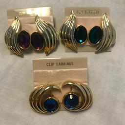 Lot of 8 Gold-Tone and Colored Rhinestone Clip-On Earrings