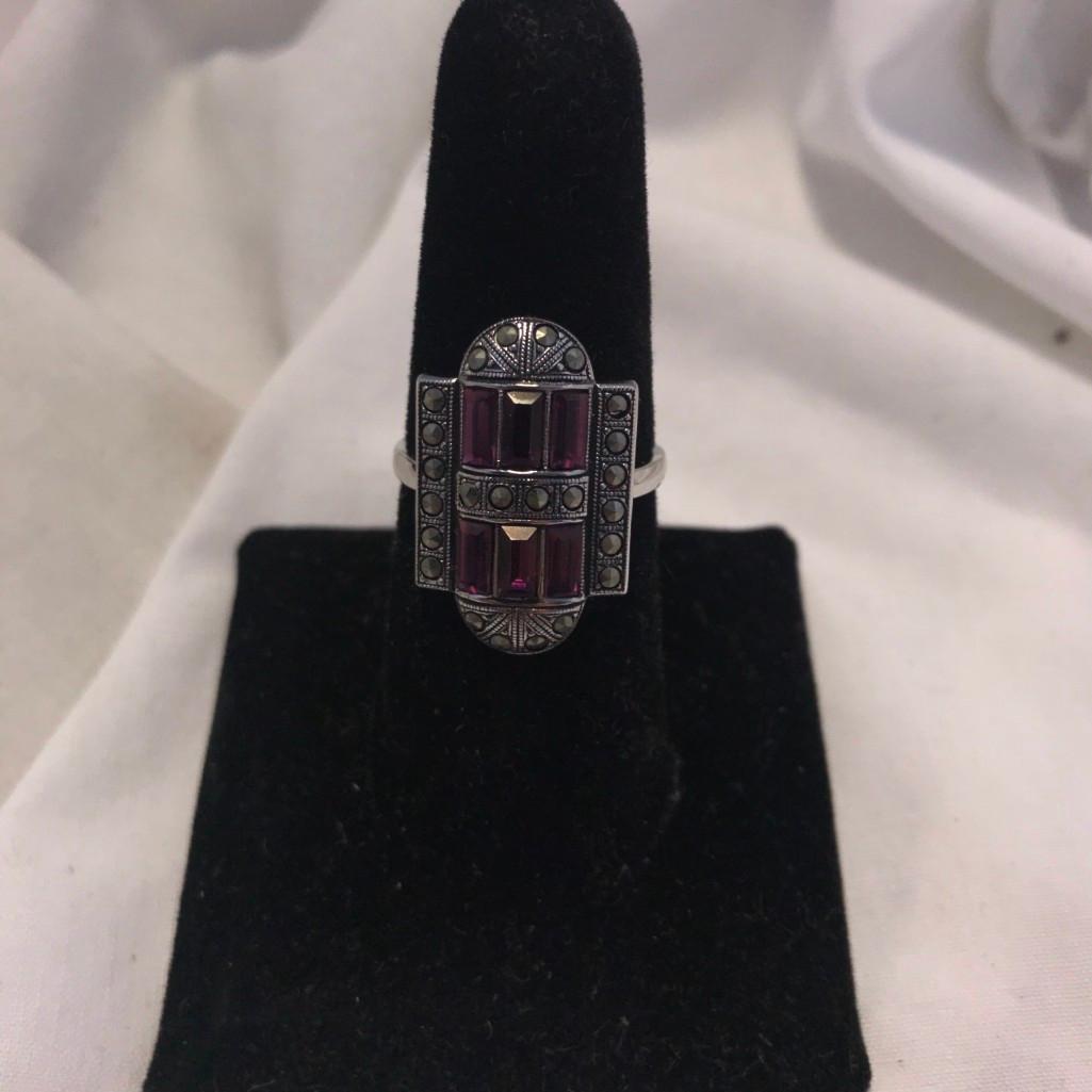 "Clark and Coombs" Sterling Silver Ring with Purple Gem Details (Size 8)