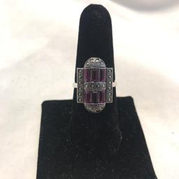 "Clark and Coombs" Sterling Silver Ring with Purple Gem Details (Size 8)