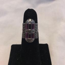 "Clark and Coombs" Sterling Silver Ring with Purple Gem Details (Size 5)