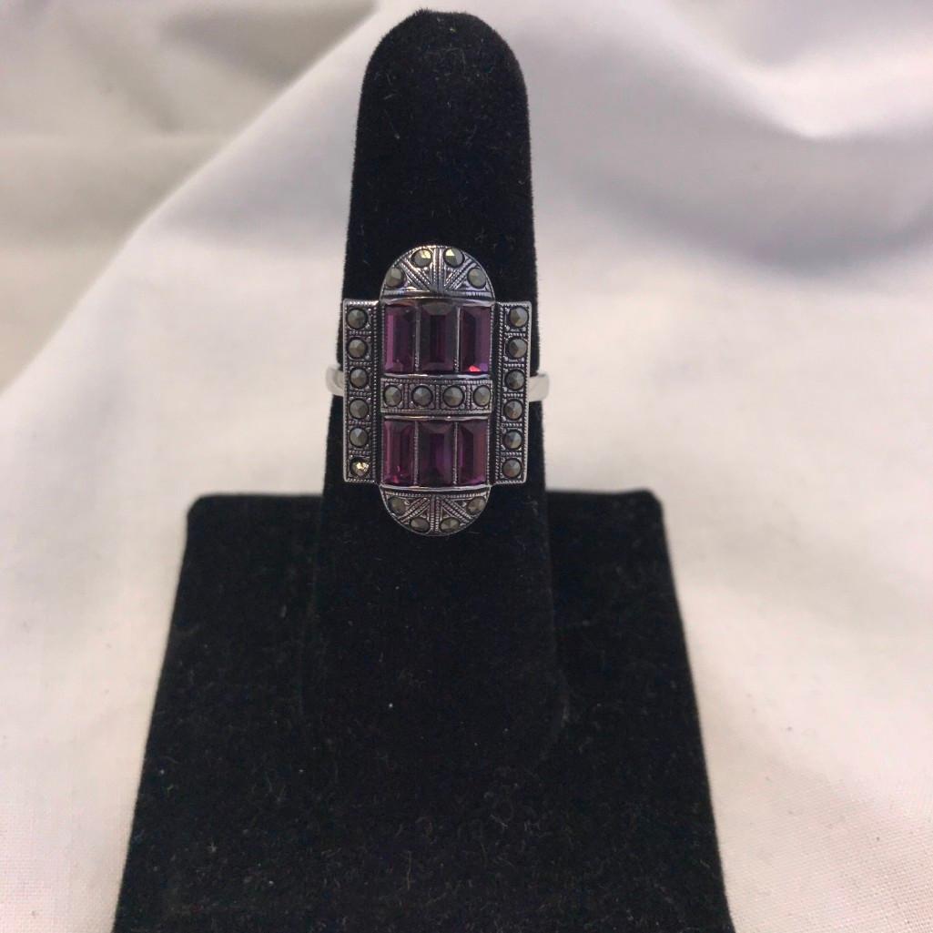 "Clark and Coombs" Sterling Silver Ring with Purple Gem Details (Size 5)