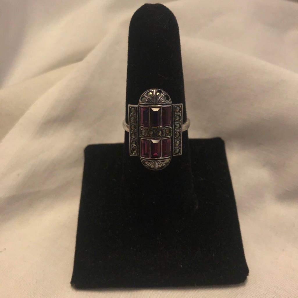 "Clark and Coombs" Sterling Silver Ring with Purple Gem Details (Size 8)