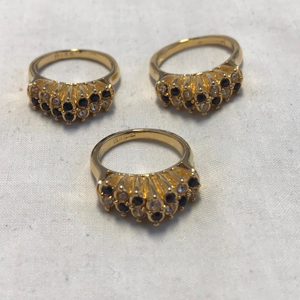 Lot of 3 18 KT Gold Electroplated Rings with Black and Clear Center Gems