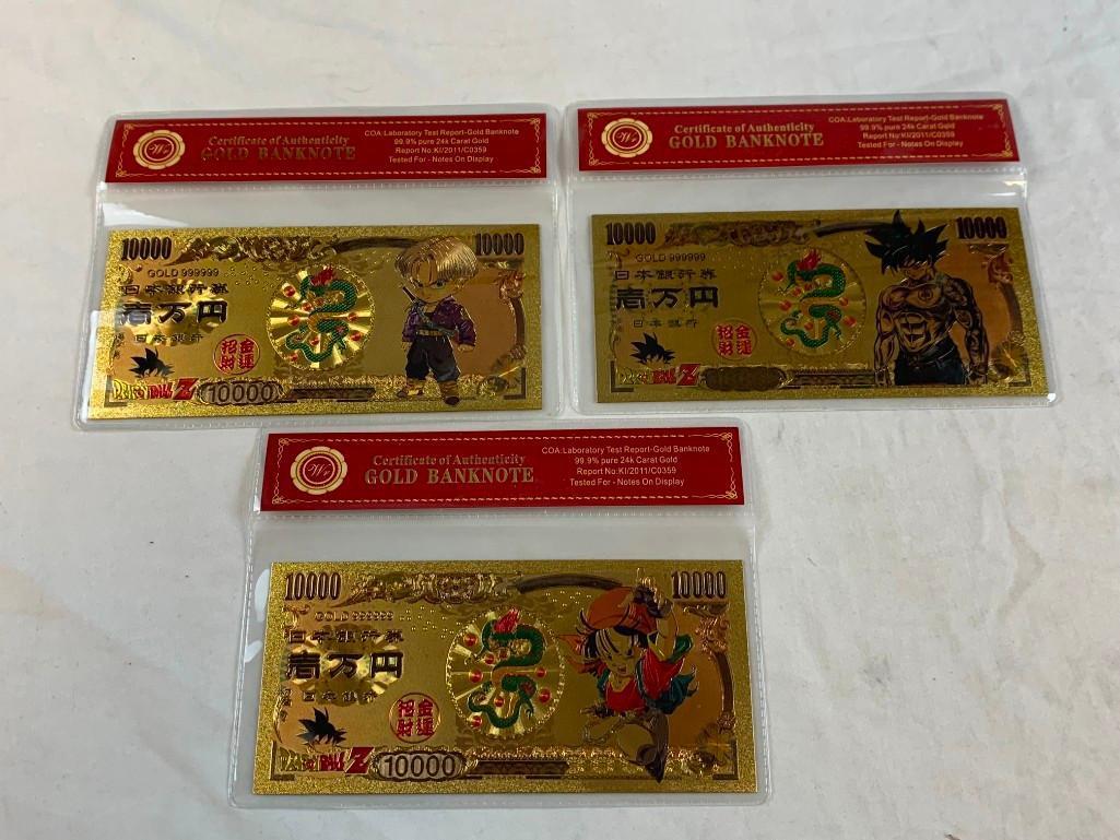 Lot of 3 24K GOLD Plated Foil DRAGON BALL Z Bills Novelty Collection Notes