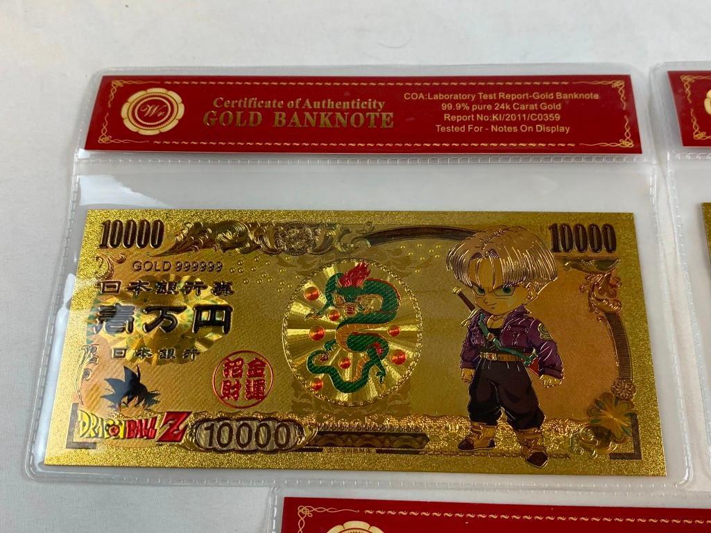 Lot of 3 24K GOLD Plated Foil DRAGON BALL Z Bills Novelty Collection Notes