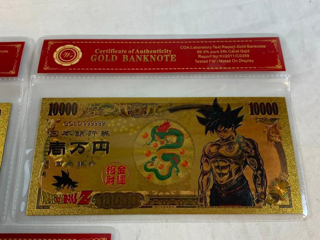 Lot of 3 24K GOLD Plated Foil DRAGON BALL Z Bills Novelty Collection Notes