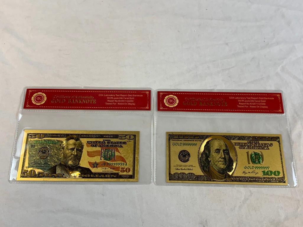 24K GOLD Plated Foil $100 and $50 Dollar Bill Novelty Collection Notes