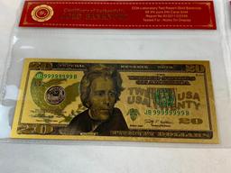 24K GOLD Plated Foil $10 and $20 Dollar Bill Novelty Collection Notes