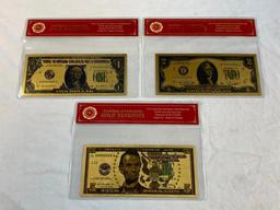 24K GOLD Plated Foil $1, $2 and $5 Dollar Bill Novelty Collection Notes