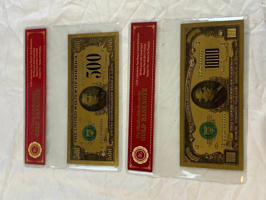 Lot of 2 24K GOLD Plated Foil Novelty Notes and $500 and $1000 Bill Gold Banknotes