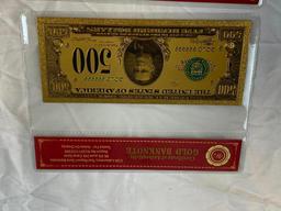 Lot of 2 24K GOLD Plated Foil Novelty Notes and $500 and $1000 Bill Gold Banknotes