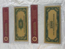 Lot of 2 24K GOLD Plated Foil Novelty Notes and $500 and $1000 Bill Gold Banknotes