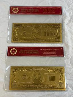 Lot of 2 24K GOLD Plated Foil Novelty Notes and $5000 and $1000 Bill Gold Banknotes