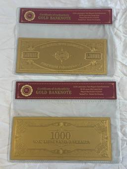 Lot of 2 24K GOLD Plated Foil Novelty Notes and $5000 and $1000 Bill Gold Banknotes