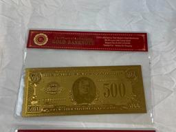 Lot of 3 24K GOLD Plated Foil Novelty Notes and $500, $100 and $100,00 Gold Banknote