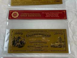 Lot of 3 24K GOLD Plated Foil Novelty Notes and $500, $100 and $100,00 Gold Banknote