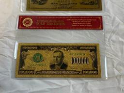 Lot of 3 24K GOLD Plated Foil Novelty Notes and $500, $100 and $100,00 Gold Banknote