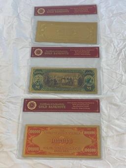 Lot of 3 24K GOLD Plated Foil Novelty Notes and $500, $100 and $100,00 Gold Banknote