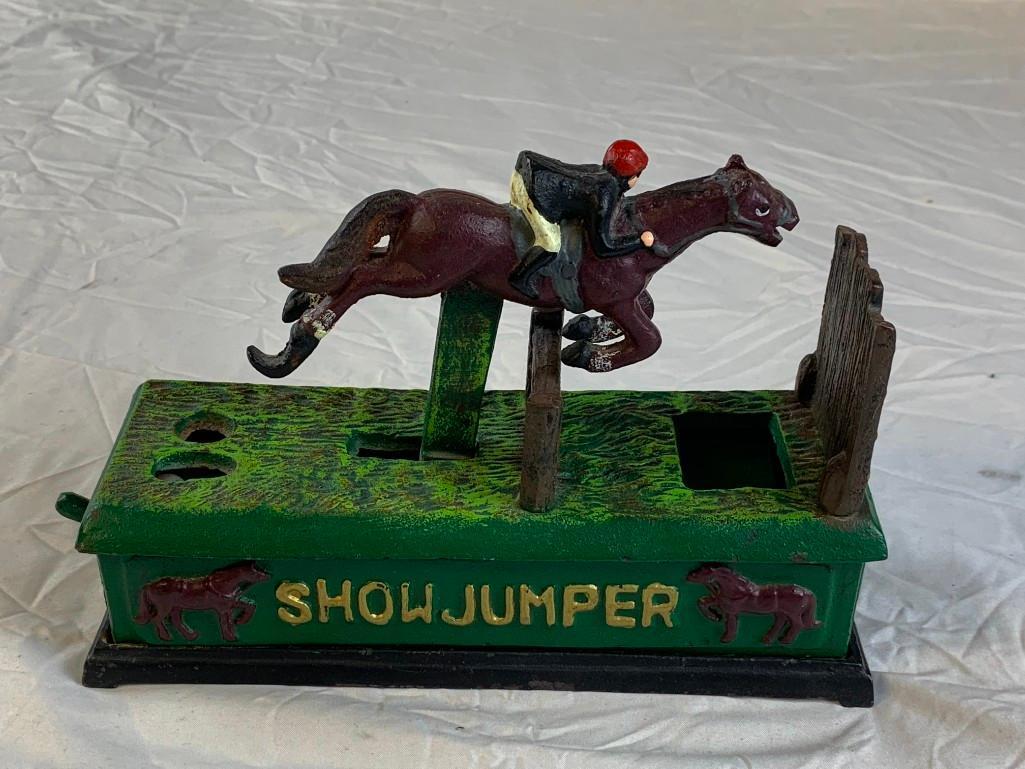 Reproduction SHOWJUMPER Cast Iron Mechanical Bank Horse and Jockey