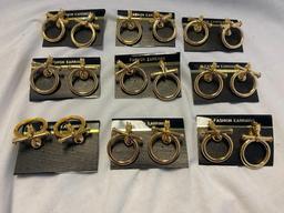 Lot of 9 Identical Gold-Tone Clip-On Horse Hoop Earrings